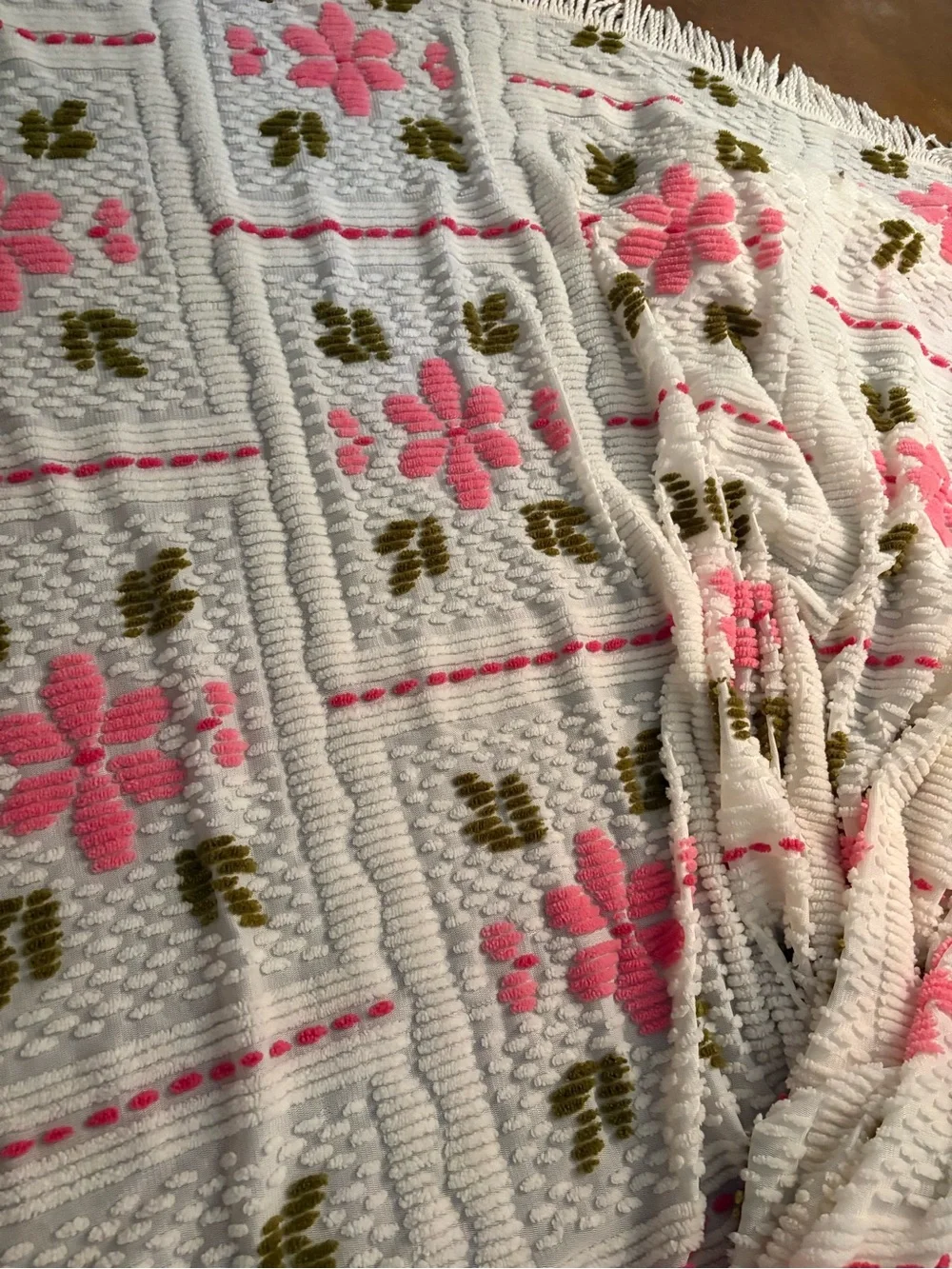 White Chenille Throw Blanket with Pink Floral Pattern